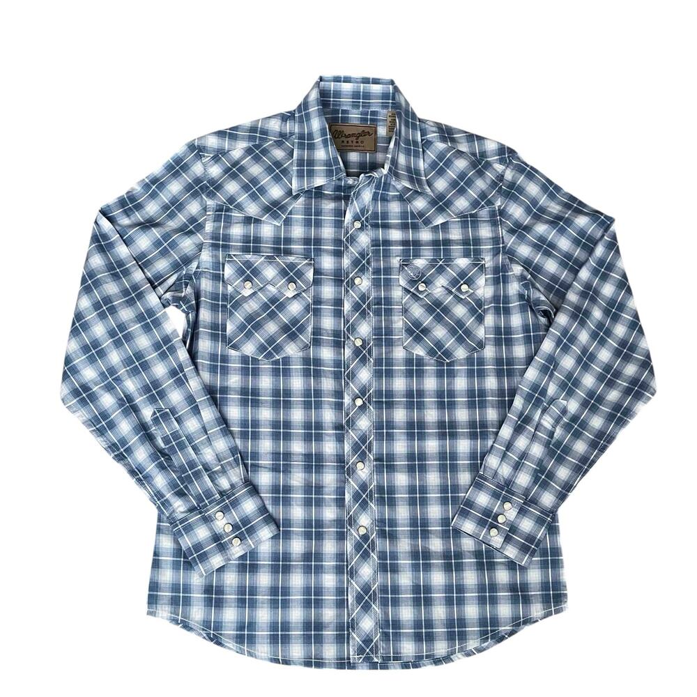 NWT Wrangler Men's Retro Modern Fit Western Shirt Blue Plaid 100% Cotton Size M